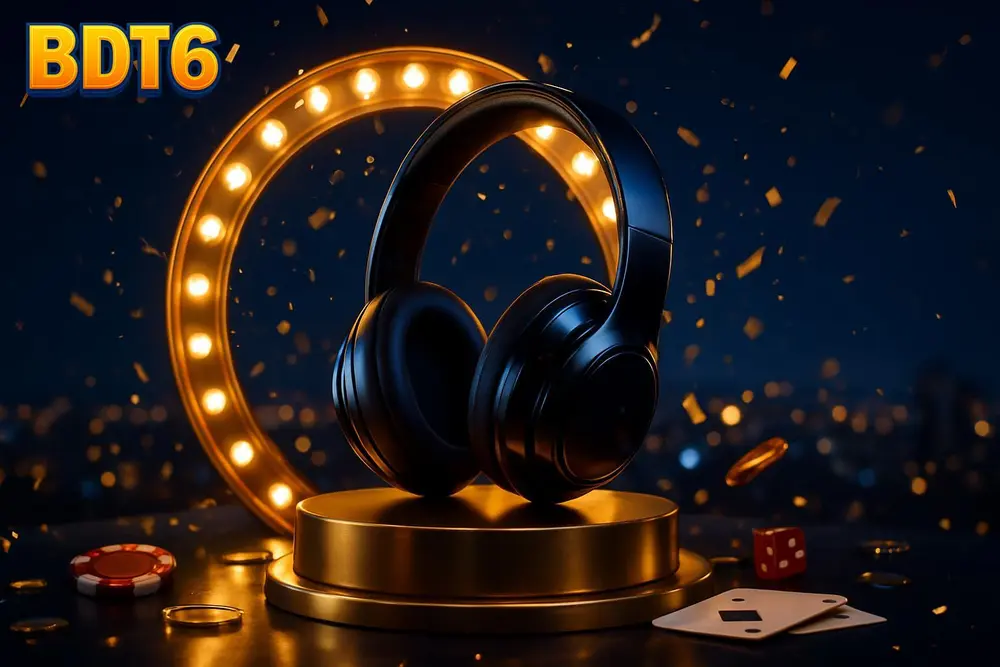 BDT6 app — glossy headset on a podium above a city skyline