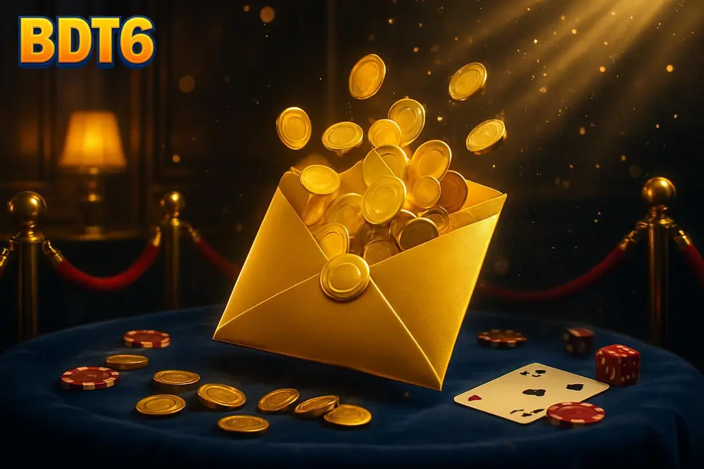 BDT6 bonus โ golden sealed envelope bursting with coins in a private room BDT6 bonus โ golden sealed envelope bursting with coins in a private room