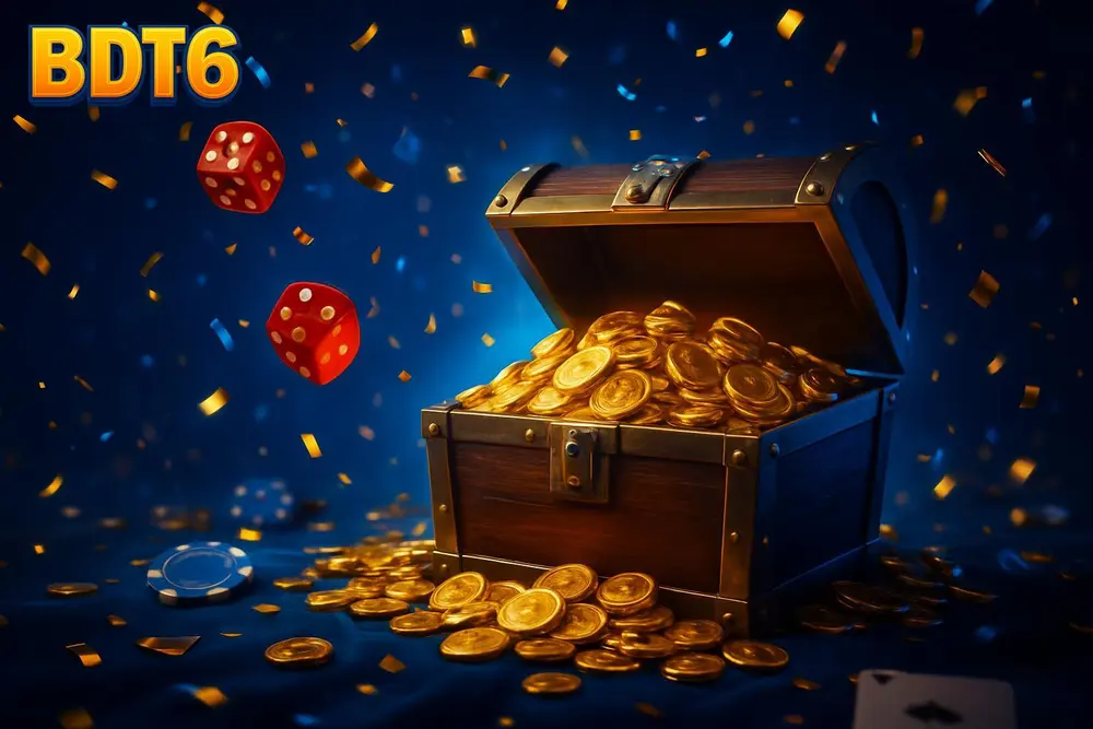 BDT6 bonus โ treasure chest overflowing with coins on a dark stage BDT6 bonus โ treasure chest overflowing with coins on a dark stage