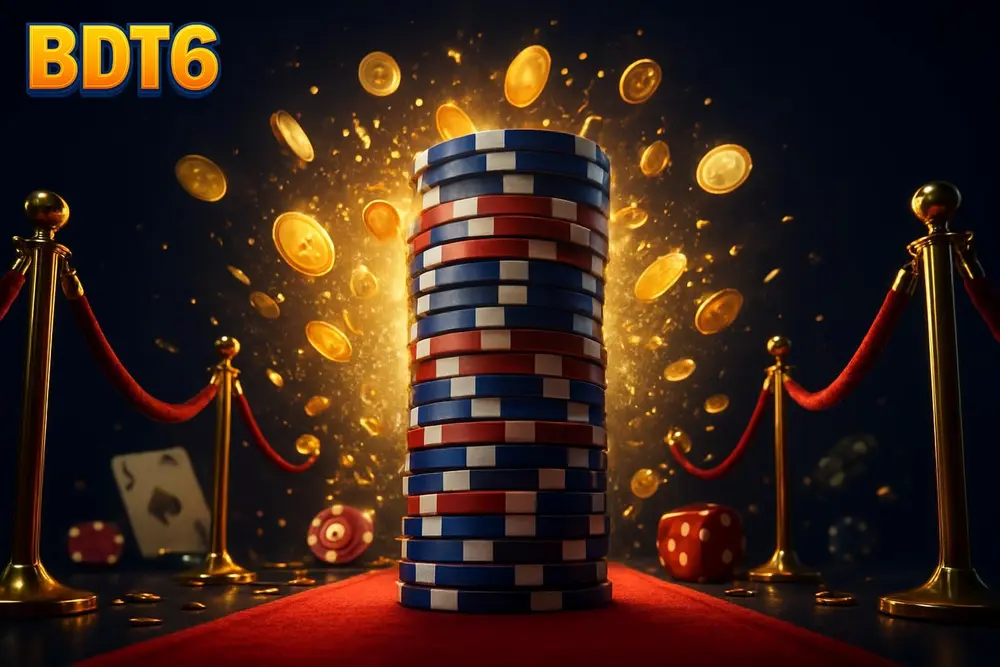 BDT6 casino — tower of chips glowing beside a red carpet