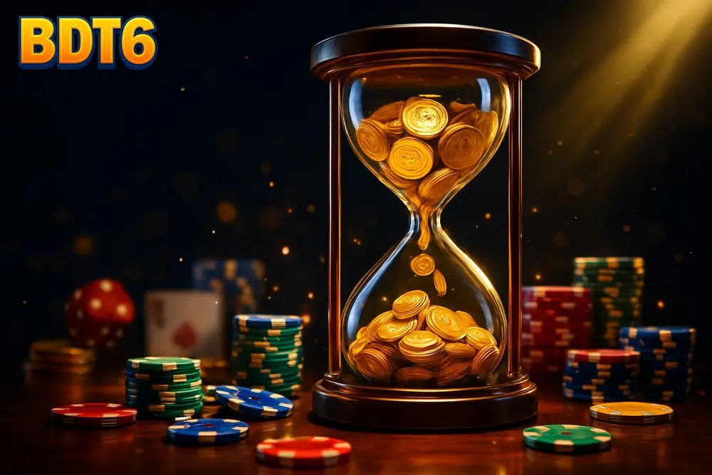 BDT6 games — A giant hourglass filled with falling gold coins with coins, cards and chips