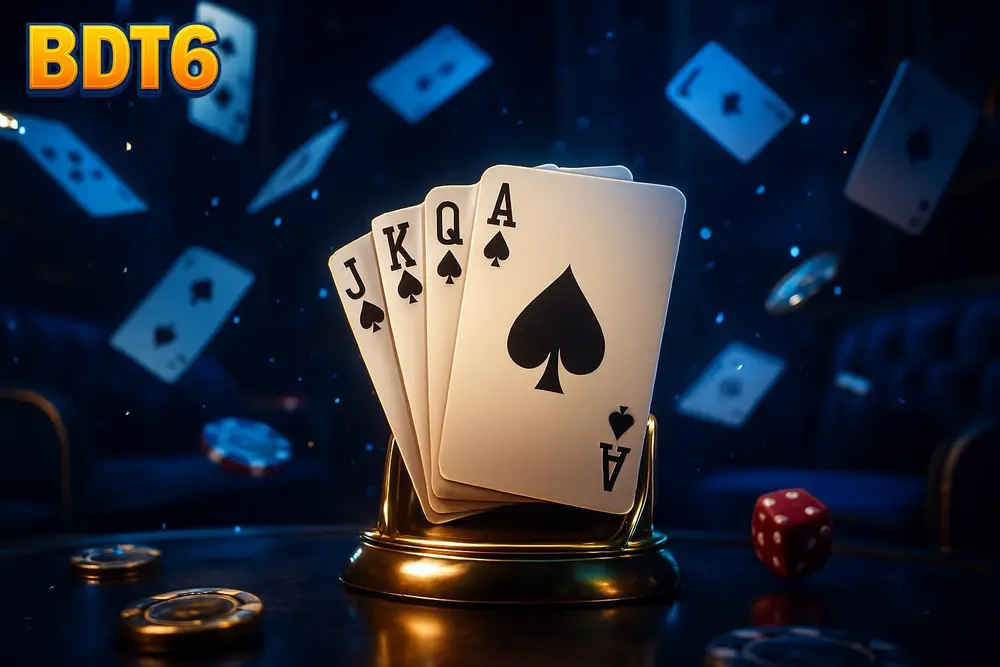 BDT6 Bangladesh — fanned royal flush cards in a neon lit lounge