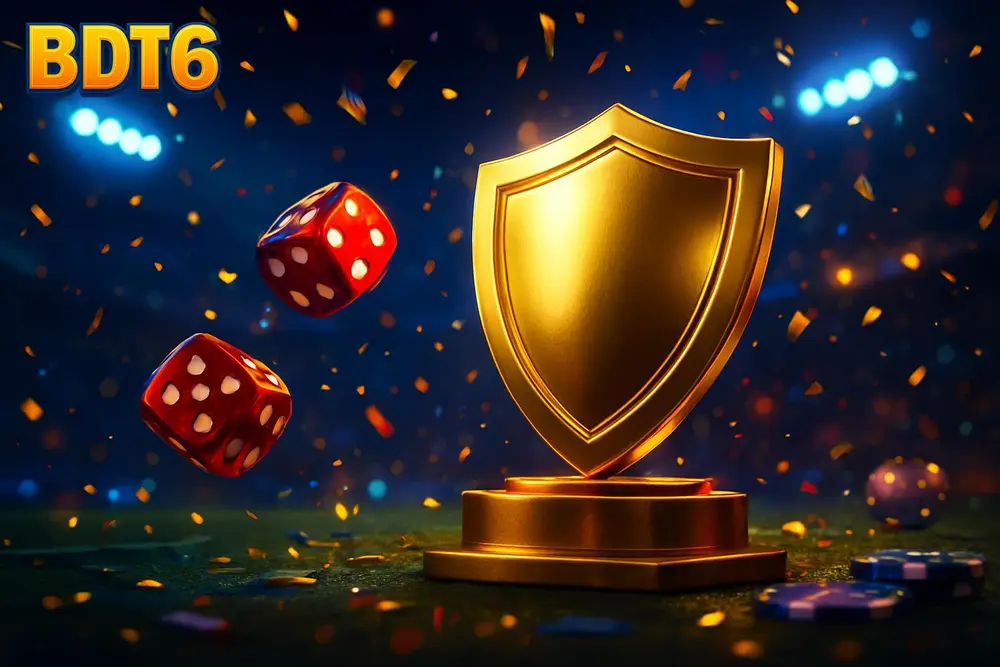 BDT6 login — golden shield medal glowing on a floodlit stadium pitch