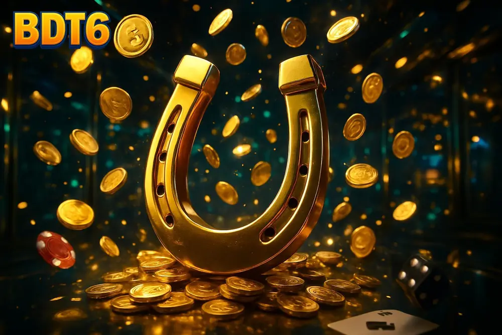 BDT6 slots — golden horseshoe standing amid a coin explosion
